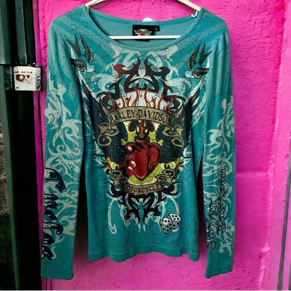 Harley-Davidson Long Sleeve Tattoo Graphic Shirt Teal Flames Swallows S